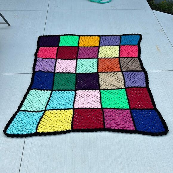 Granny Square afghan crochet bright colorful multi color blanket throw 60x70 EUC - Picture 1 of 8